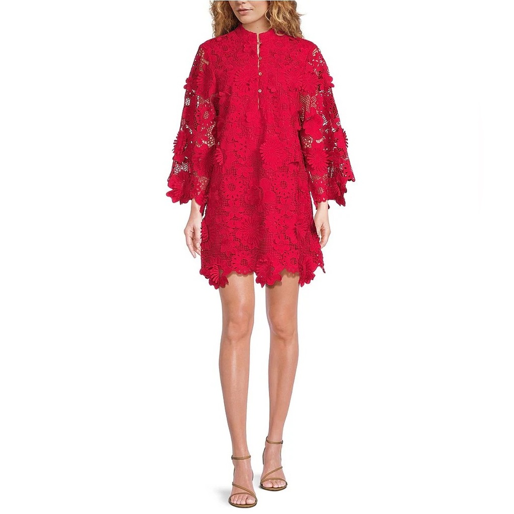 NWT J.Marie Seraphina Floral 3D Lace Split Round Button Up Neck Shift Dress Sz M
